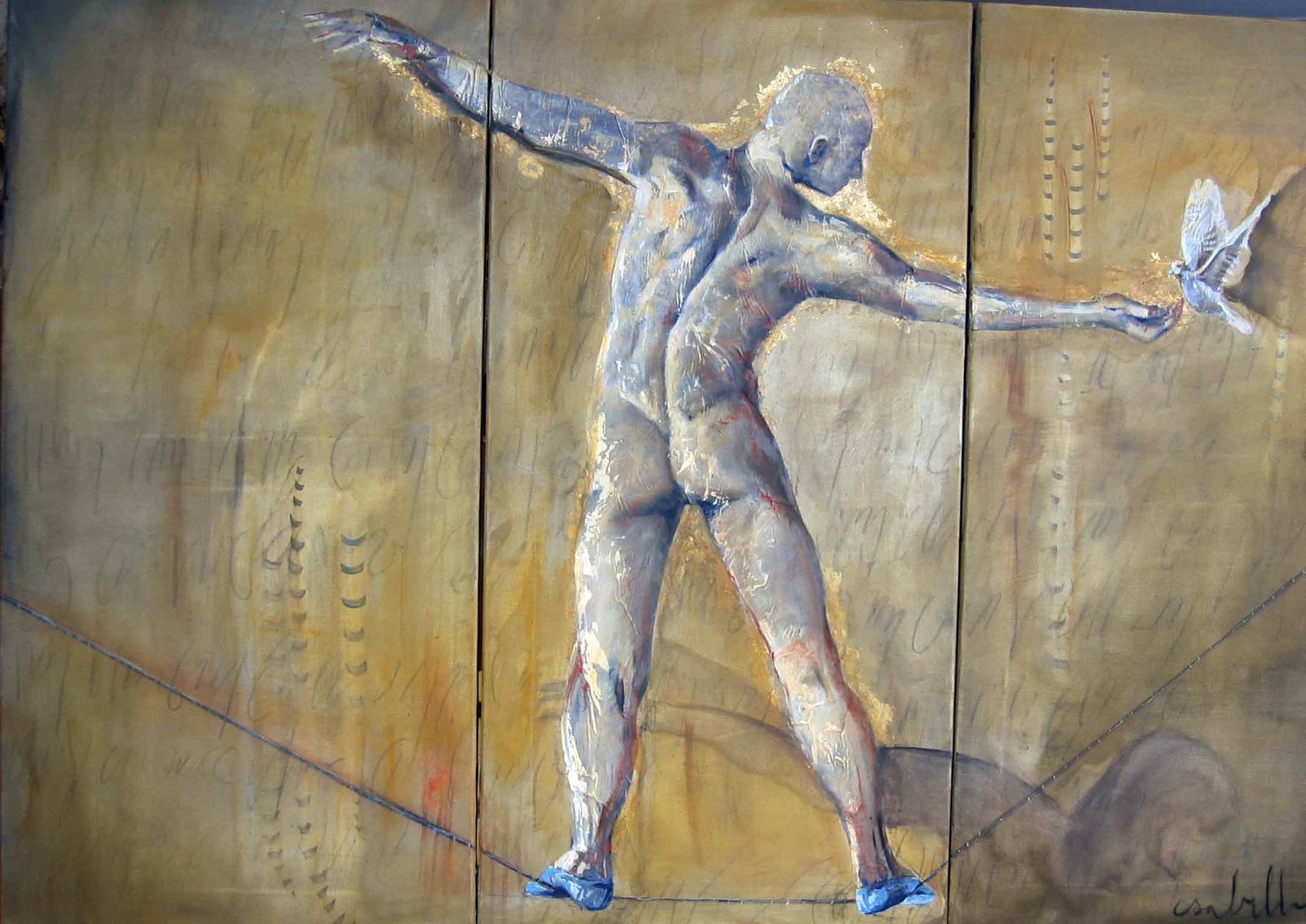 L HOMME ET L OISEAU II, gesso, oil & mixte